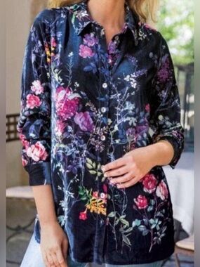 Soft Surroundings Velvet Tunic Top, Sz. L, Navy w/ Colorful Floral Print